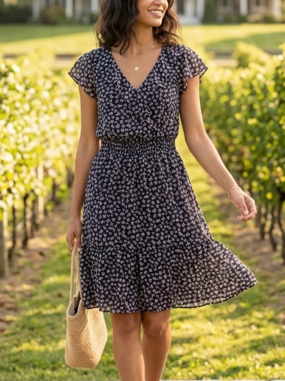 Floral Navy V-Neck Smocked Waist Dress